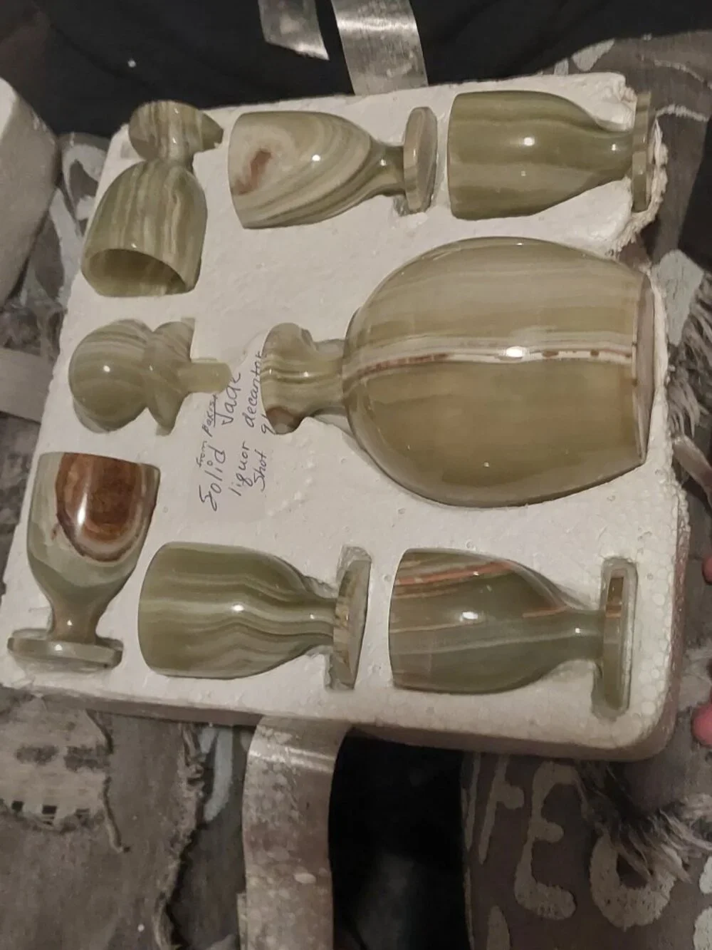 green quartz decanter and shots